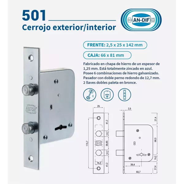 CERROJO ANDIF 501 - DOBLE PERNO